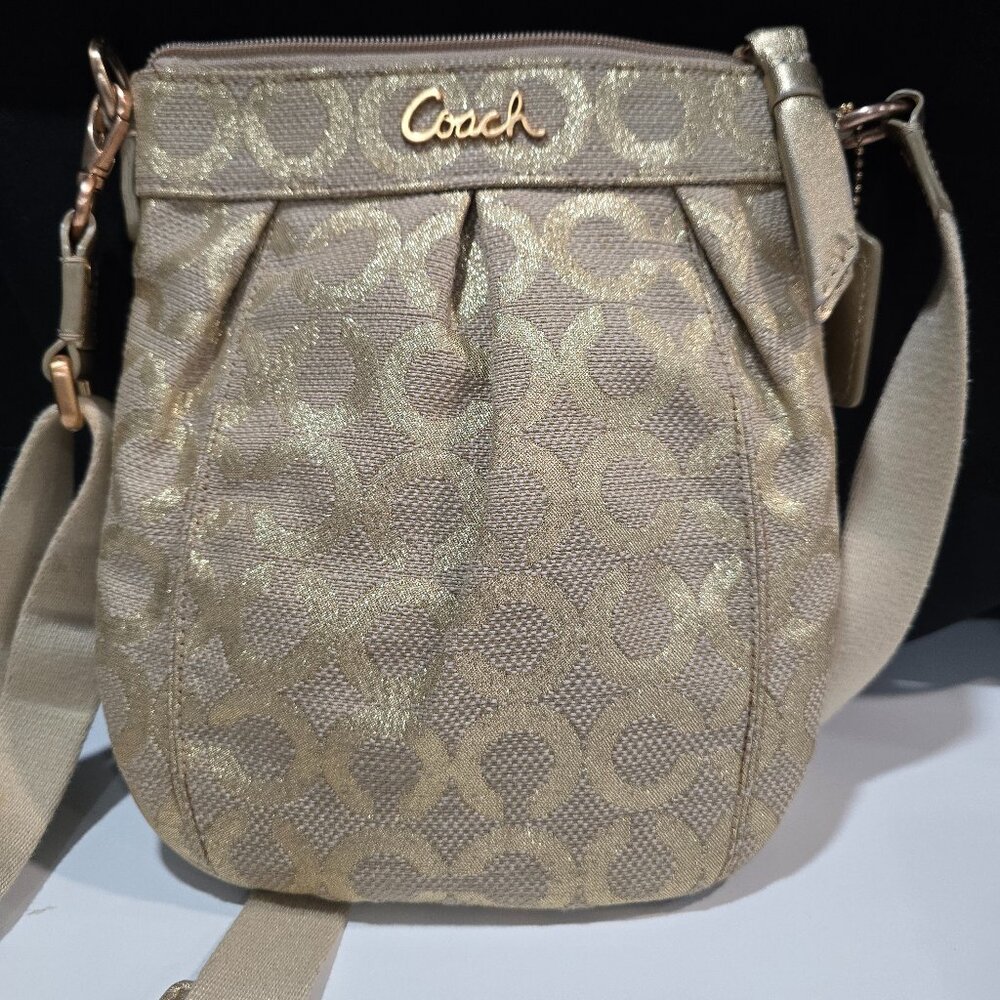 Coach Gold Metallic Signature Canvas Crossbody Bag w/Pink Interior - EUC